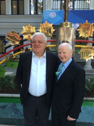 Pat Hickey at the NOC headquarters of the Georgian Olympic Committee with one of Georgias Olympic Wrestling Champions