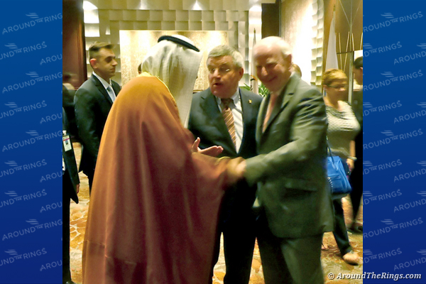 Sheikh Ahmad, President Bach and Pat Hickey at the ANOC General Assembly in Bangkok