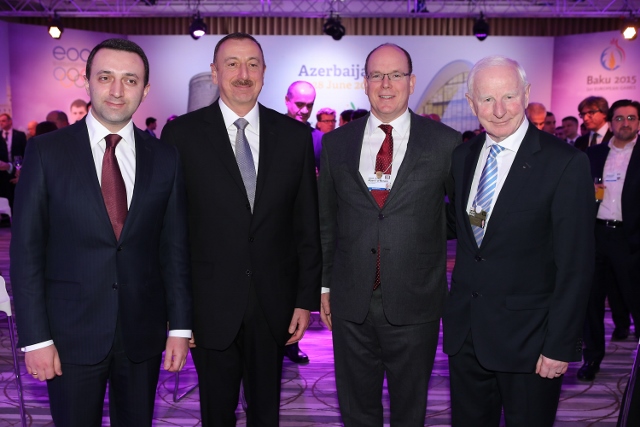 from left to right: Irakli Garibashvili, Georgian Prime Minister, Ilham Aliyev, President of Azerbaijan, Albert II, Prince of Monaco and Pat Hickey, President of Olympic Council of Ireland and European Olympic Committees