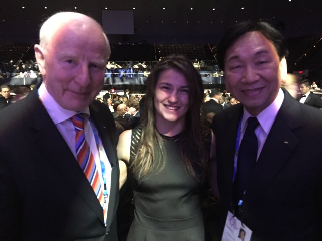 Pat Hickey and Katie Taylor and President of AIBA CK Wu