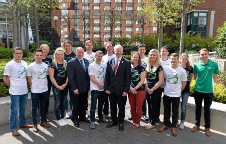 27 April 2016; Patrick Hickey, President, Olympic Council of Ireland, and Kevin Kilty, Chef de Equipe, Team Ireland with members of Team Ireland, from left, David Oliver Joyce, boxing, Oliver Dingley, Diving, Aoife Clark, Equestrian, Ellis O'Reilly, Gymnastics, Annalise Murphy, Sailing, Arthur Lanigan O'Keeffe, Modern Pentathlon, Paddy Barnes, Boxing, Joseph Murphy, Equestrian, Judy Reynolds, Equestrian, Cathal Daniels, Equestrian, Clare Abbott, Equestrian, Michael Conlon, Boxing, Kieran behan, Gymnastics, Fionnuala McCormack, Athletics and Mitch Darling, Hockey, for the forthcoming Rio Olympic Games during a press conference to celebrate 100 Days out from the Rio Olympic Games. Conrad Hotel, Dublin. Picture credit: Brendan Moran / SPORTSFILE *** NO REPRODUCTION FEE ***