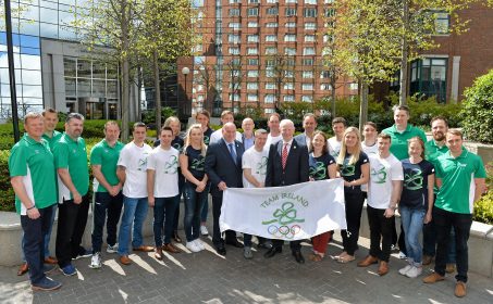 27 April 2016; Patrick Hickey, President, Olympic Council of Ireland, and Kevin Kilty, Chef de Equipe, Team Ireland with members of Team Ireland and team managers, for the forthcoming Rio Olympic Games during a press conference to celebrate 100 Days out from the Rio Olympic Games. Conrad Hotel, Dublin. Picture credit: Brendan Moran / SPORTSFILE *** NO REPRODUCTION FEE ***
