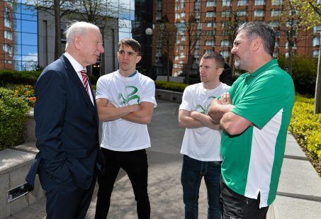27 April 2016; Patrick Hickey, left, President, Olympic Council of Ireland, with boxers Michael Conlan and Paddy Barnes and boxing coach John Conlan, after a press conference to celebrate 100 Days out from the Rio Olympic Games. Conrad Hotel, Dublin. Picture credit: Brendan Moran / SPORTSFILE *** NO REPRODUCTION FEE ***