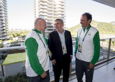 RIO DE JANEIRO - BRAZIL- 27th July 2016: IOC President Thomas Bach arrives in Rio De Janeiro to attend the Rio 2016 Olympic Games. President Bach went directly to the Olympic Village from the airport to meet athletes and view the facilities in the village. Meeting members of the Ireland NOC in their accommodation Photograph by Ian Jones